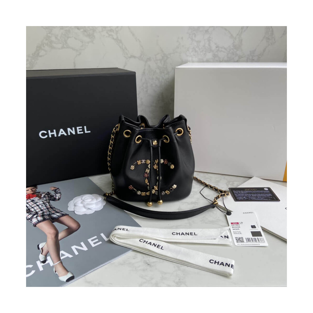 Chanel Studded CC Detail Drawstring Bucket Bag AS1883