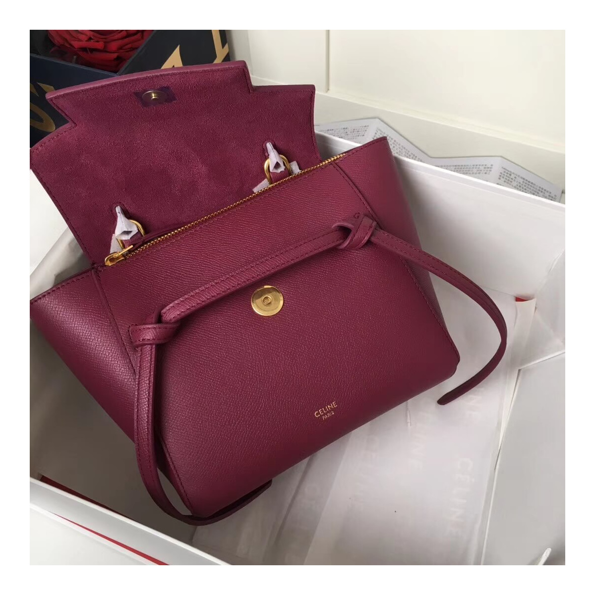 Celine Micro Belt Bag In Grained Calfskin 189153 Burgundy