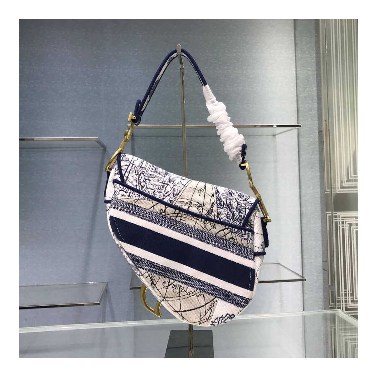 Christian Dior Saddle Bag in Blue Camouflage Embroidery M0446