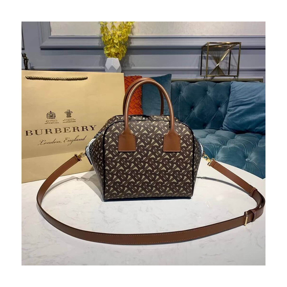 Burberry Small Monogram Stripe E-canvas Cube Bag 80193561