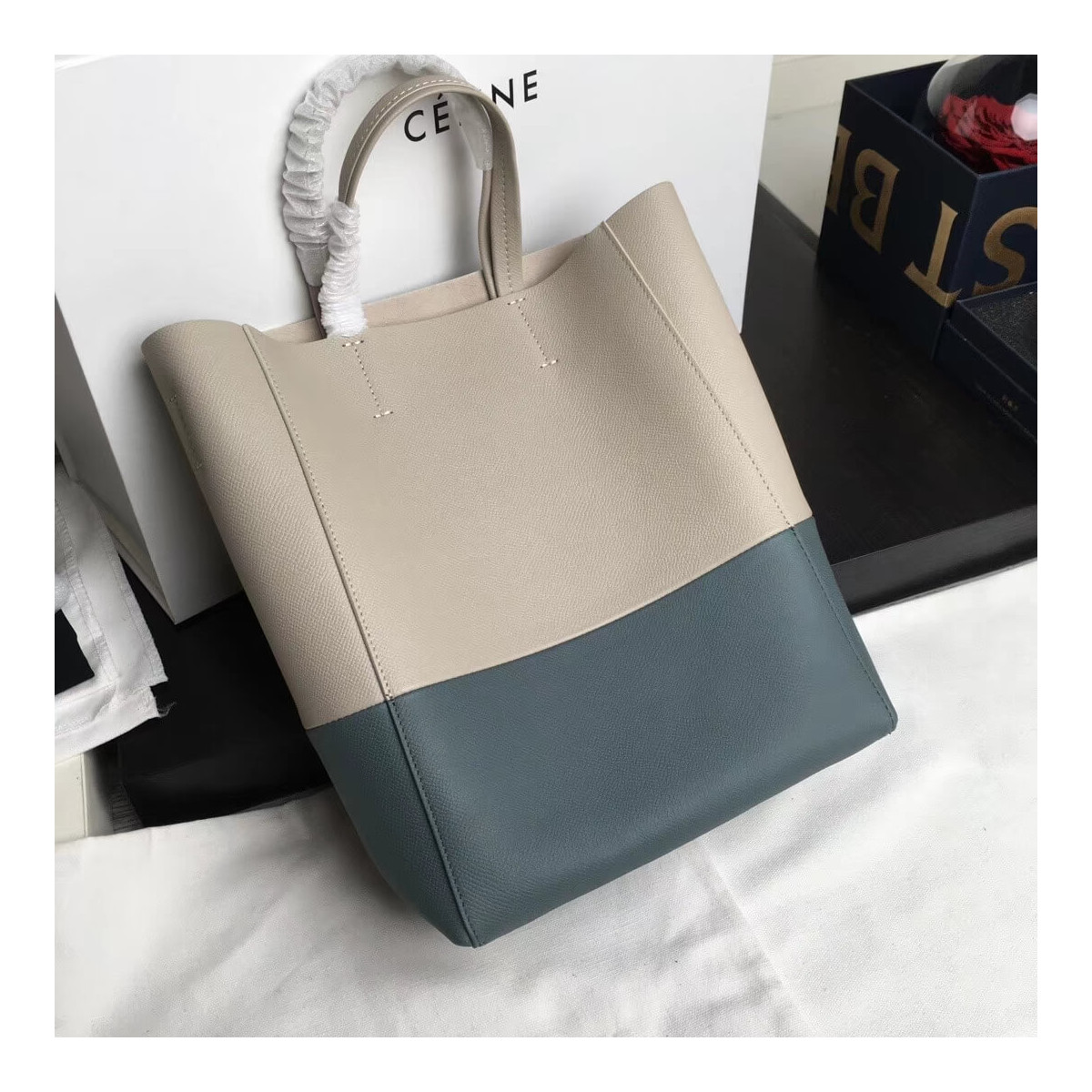 Celine Small Cabas In Grained Calfskin 189813 Beige/Light Blue