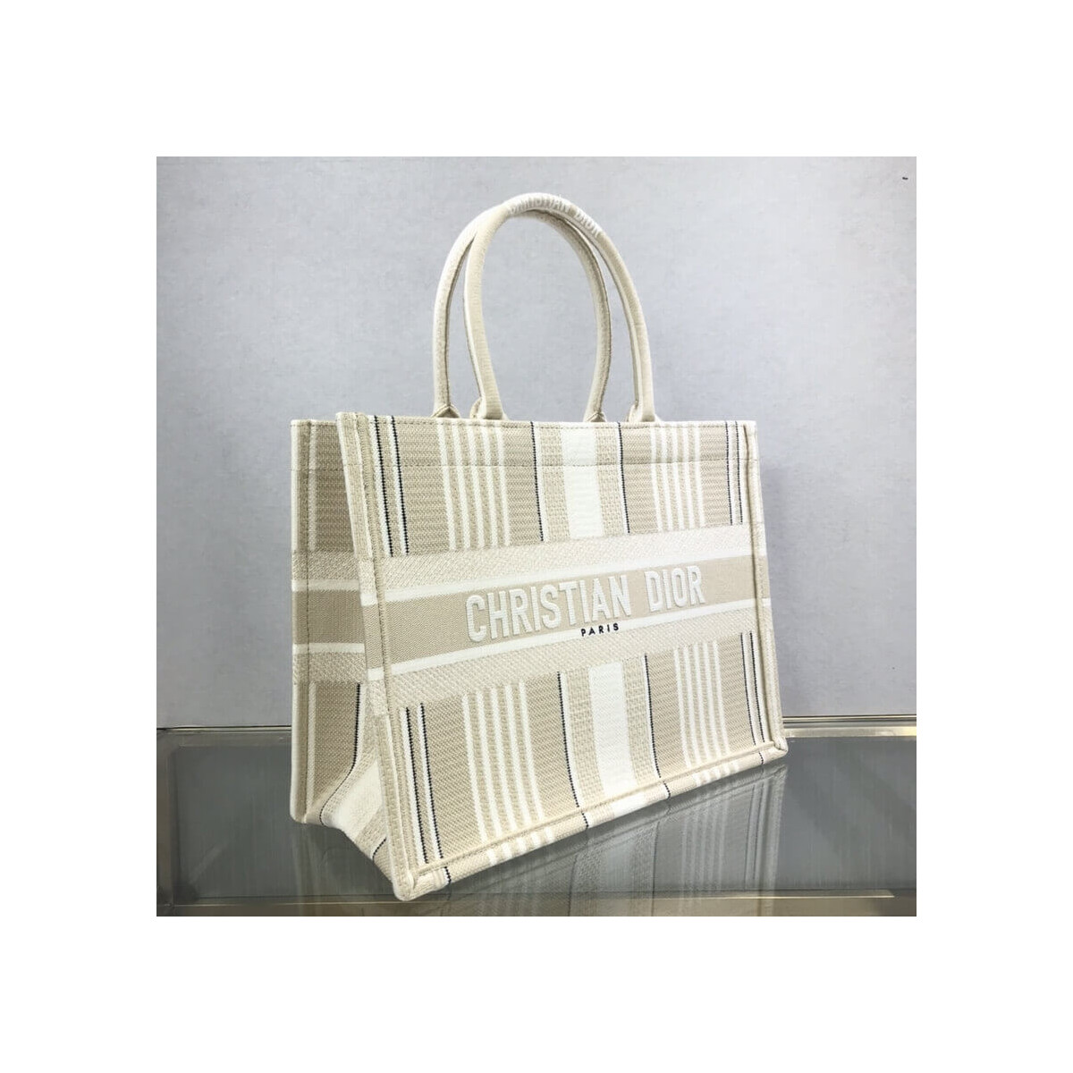 Dior Small Book Tote Beige Stripes Embroidery M1296