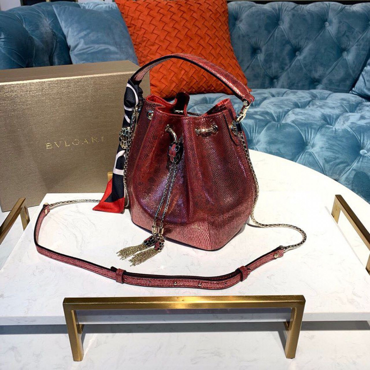 Bvlgari Serpenti Forever Bucket Bag 18cm in Karung Skin 289281 Red