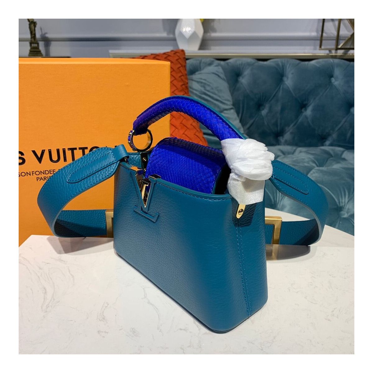 Louis Vuitton Taurillon And Python Leather Capucines Mini N97075