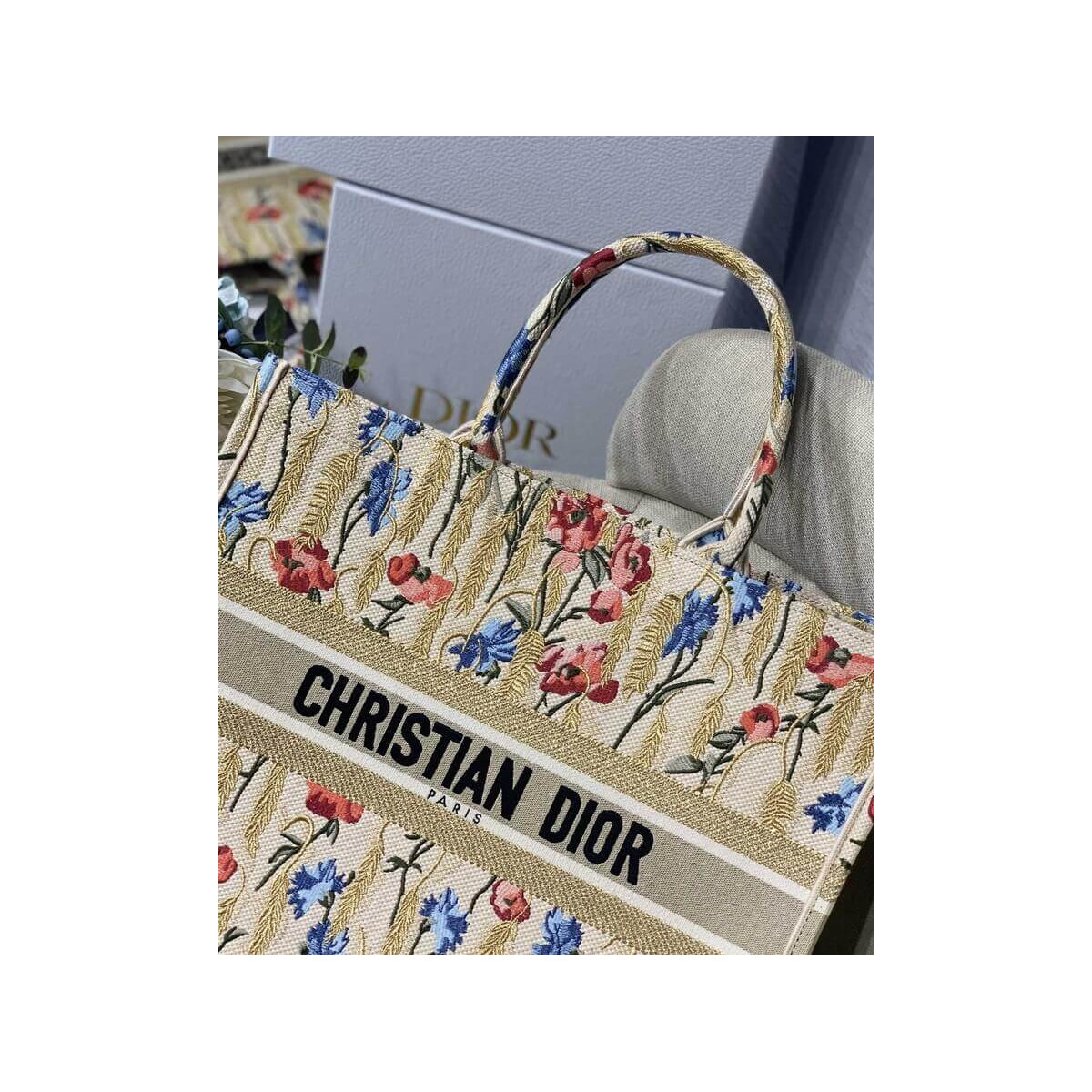 Dior Book Tote in Hibiscus Metallic Thread Embroidery M1286