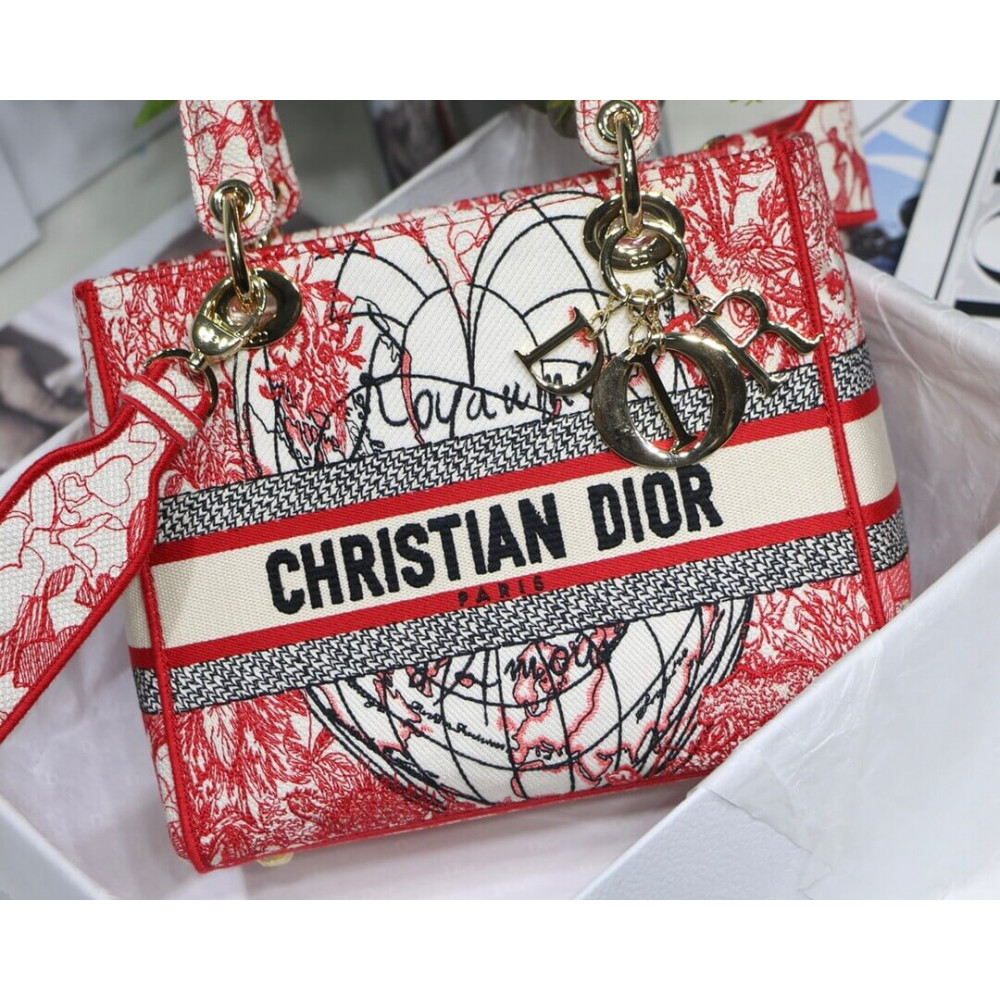 Christian Dior Medium Lady D-Lite Bag Red and White D-Royaume d&#039;Amour Embroidery M0565