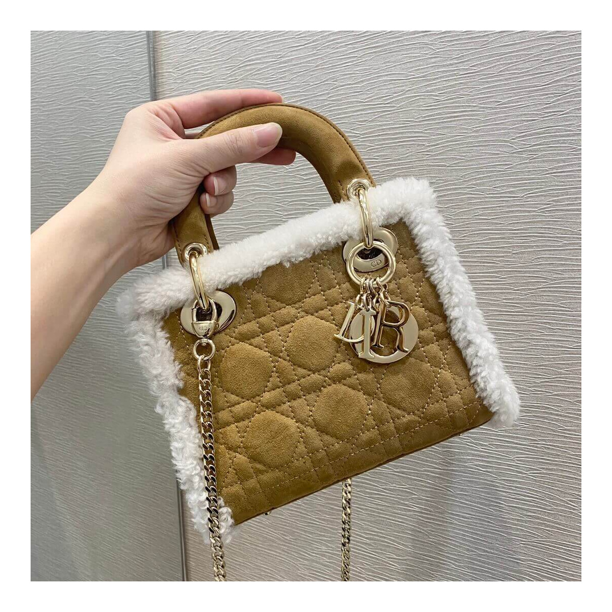 Mini Lady Dior Bag in Camel-Colored Shearling M0505