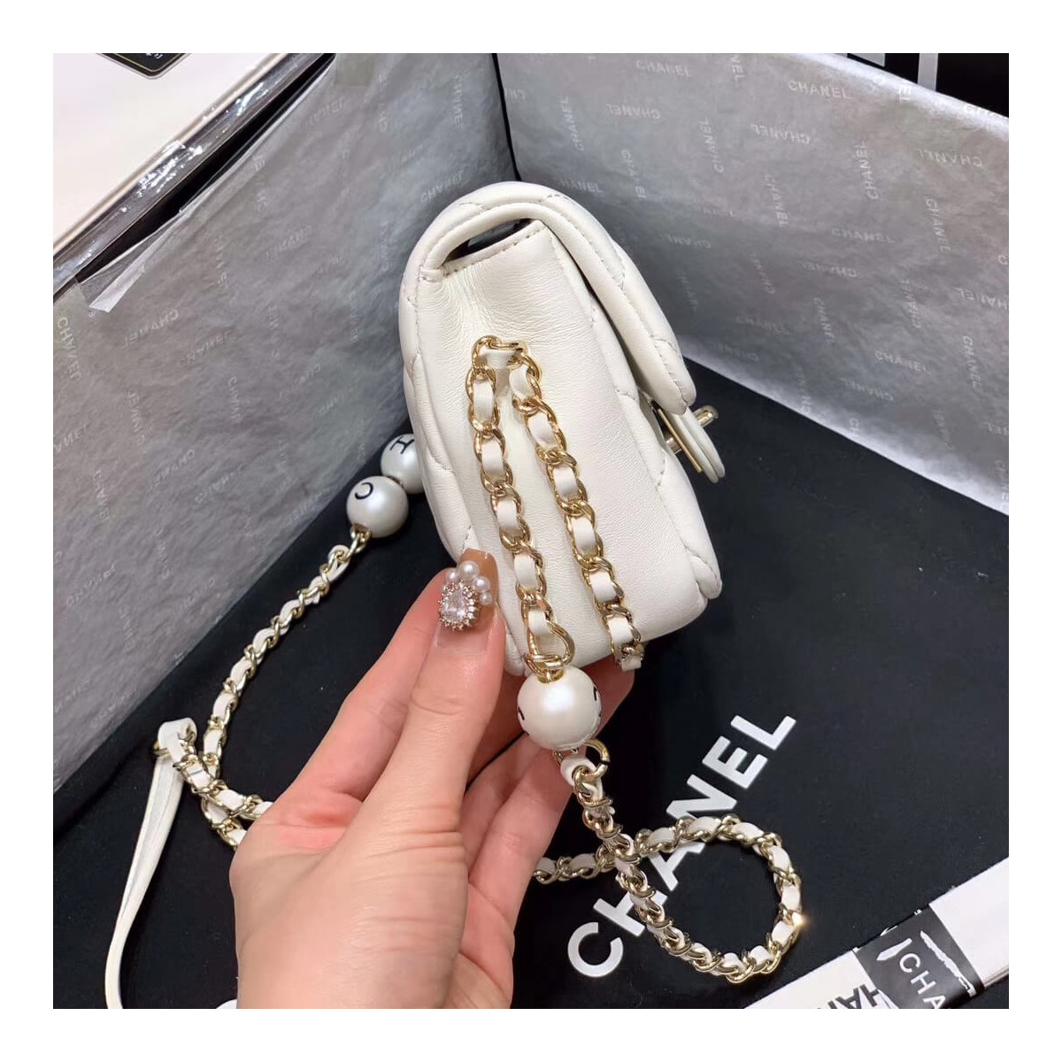 Chanel Small Pearl Logo Strap Flap Bag AS1436 White