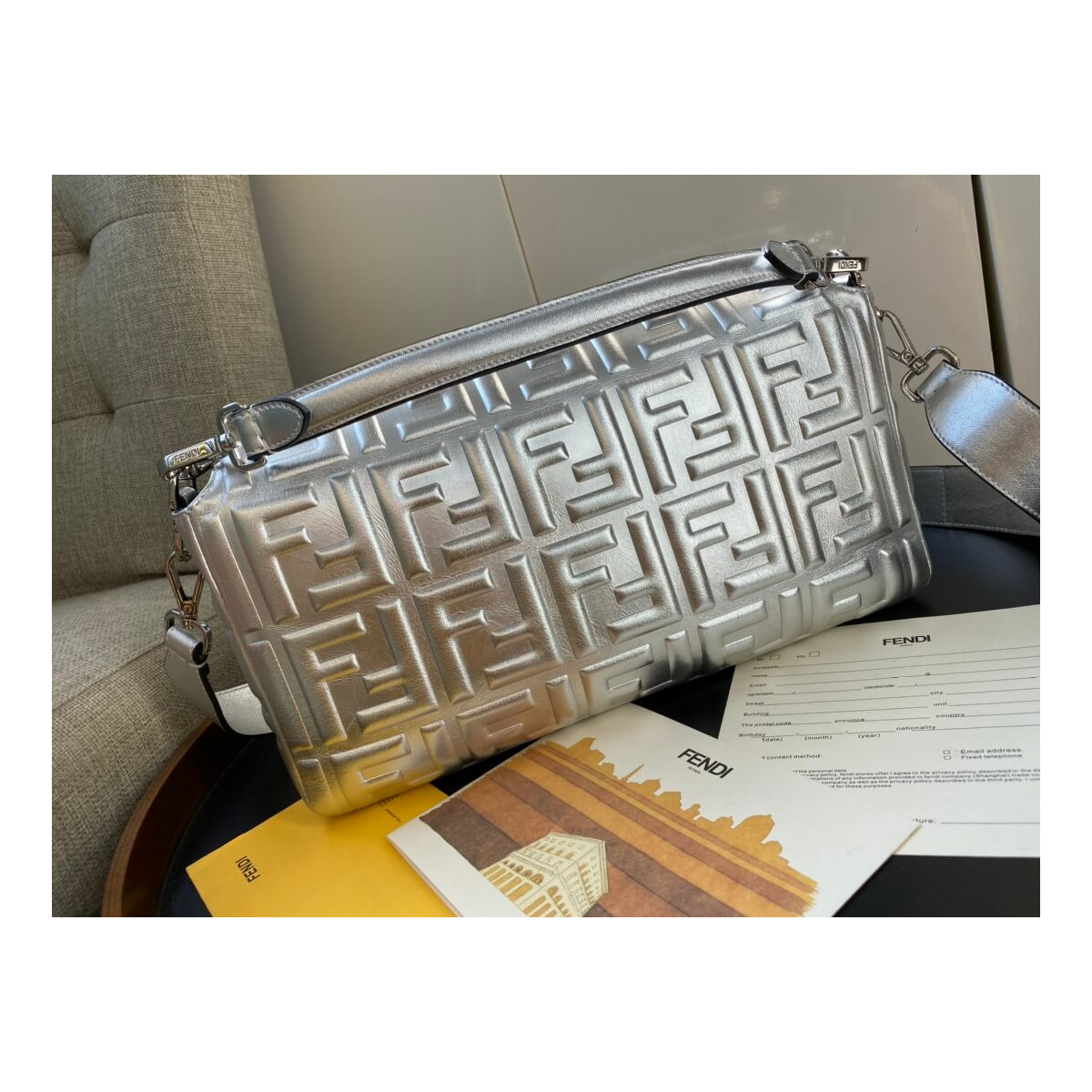 Fendi Baguette Silver Leather Bag 8BR60