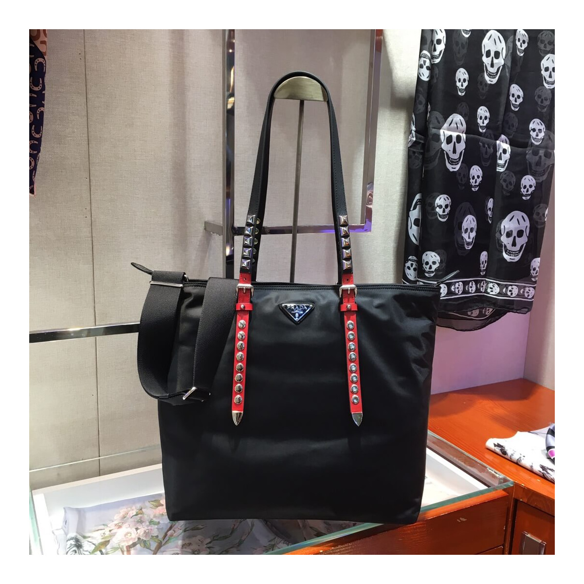 Prada Black Nylon Tote With Leather And Studs 1BG212