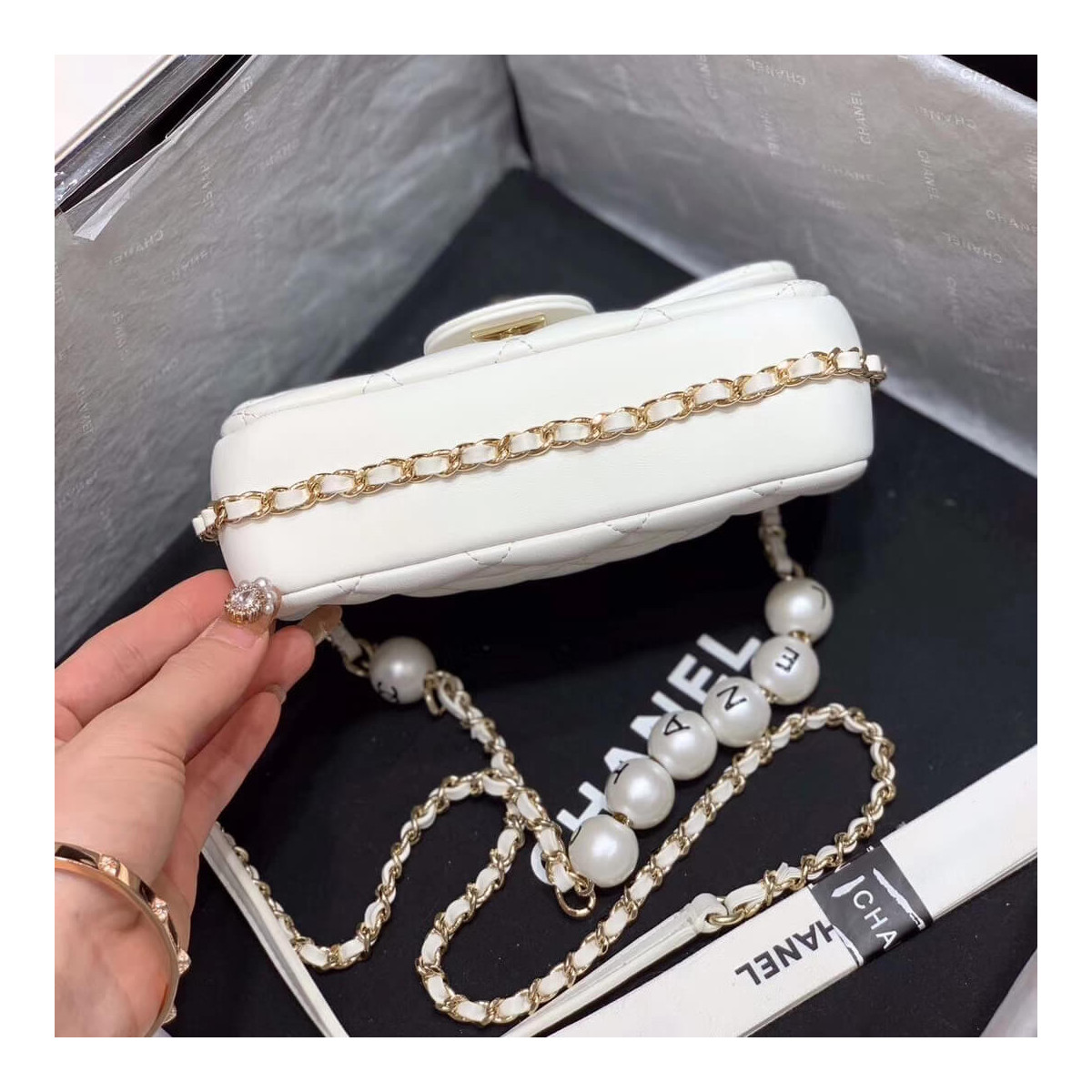 Chanel Small Pearl Logo Strap Flap Bag AS1436 White