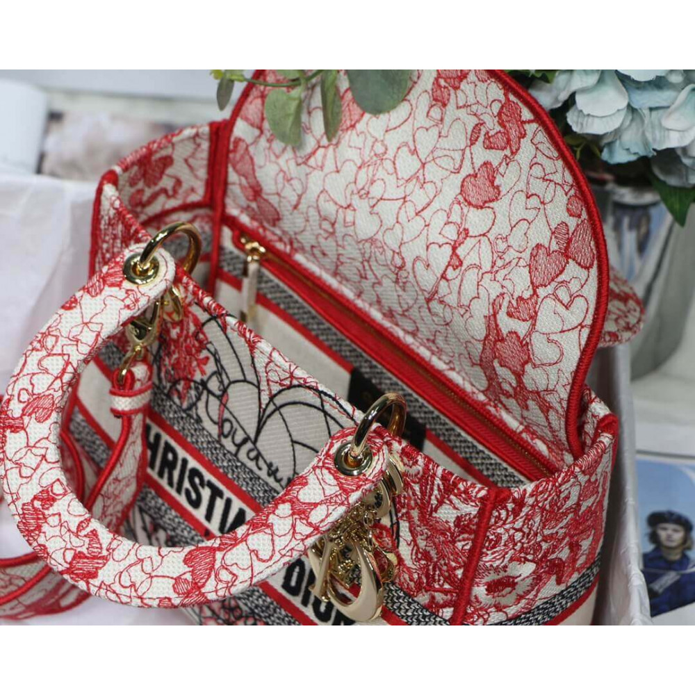 Christian Dior Medium Lady D-Lite Bag Red and White D-Royaume d&#039;Amour Embroidery M0565