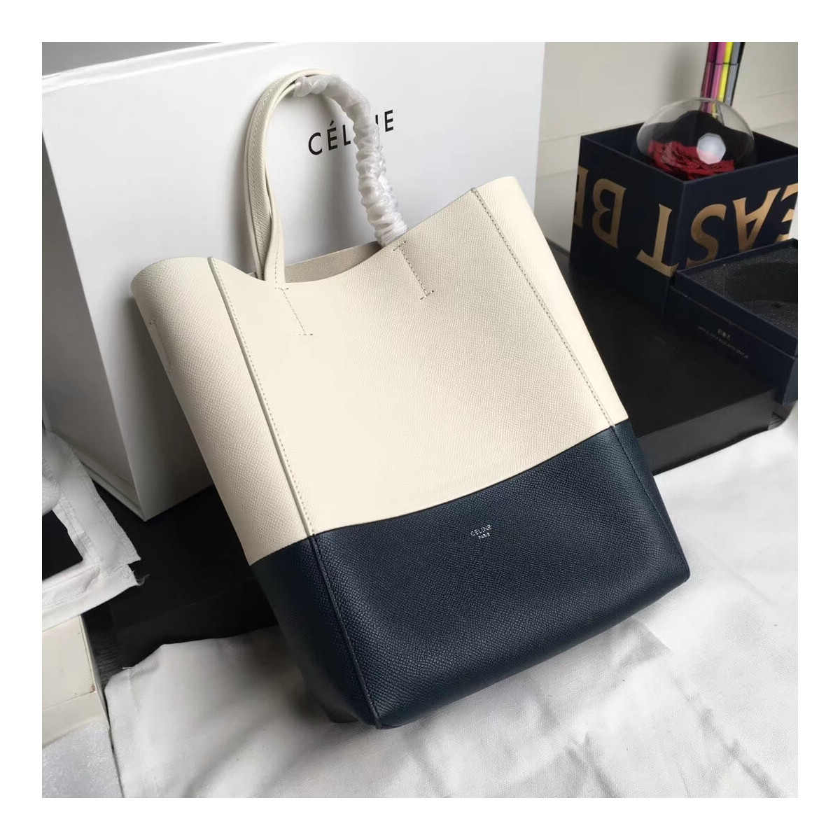 Celine Small Cabas In Grained Calfskin 189813 White/Blue