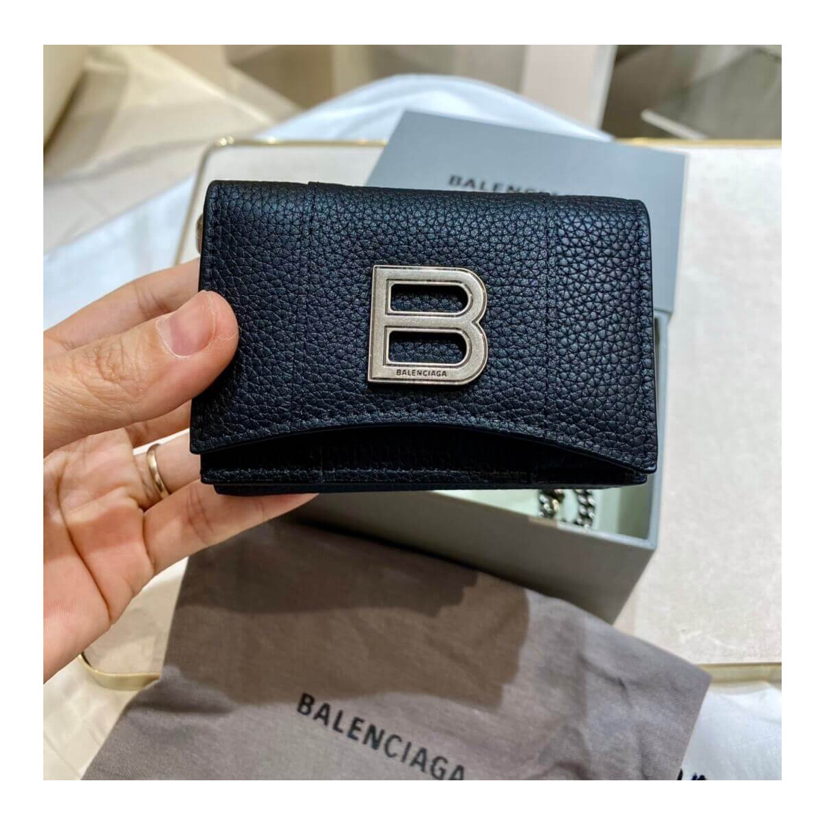 Balenciaga Black Hourglass Chain Strap Leather Wallet