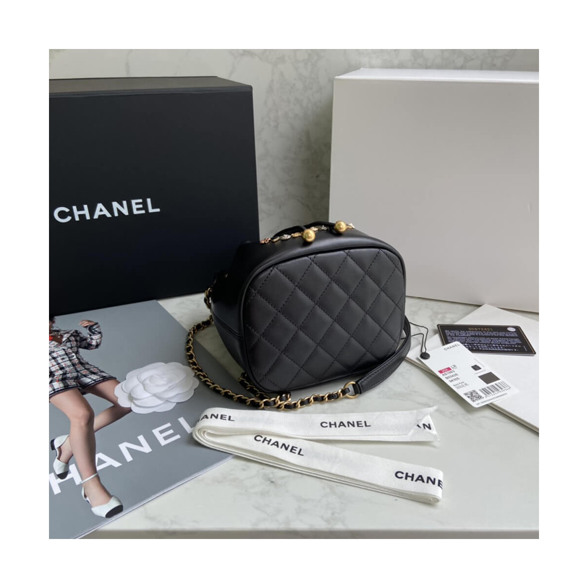 Chanel Studded CC Detail Drawstring Bucket Bag AS1883