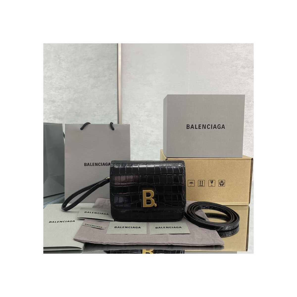 Balenciaga B Small Croc-effect Leather Shoulder Bag