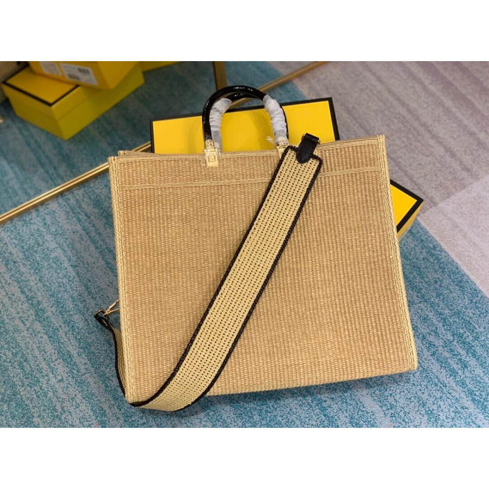 Fendi Sunshine Large Shopper Woven Raffia Tote 8BH372 Beige