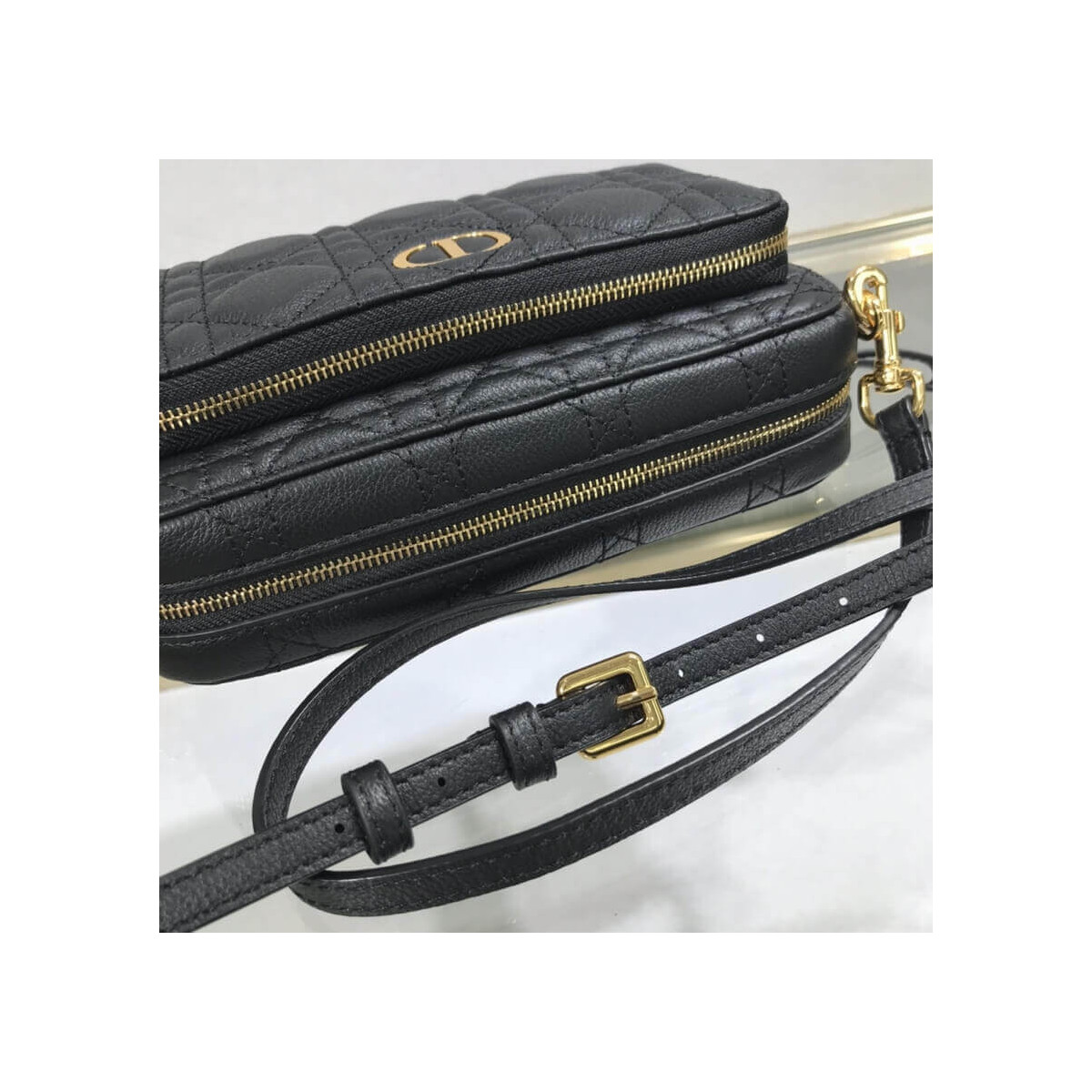 Dior Caro Double Pouch Black Supple Cannage Calfskin M9237