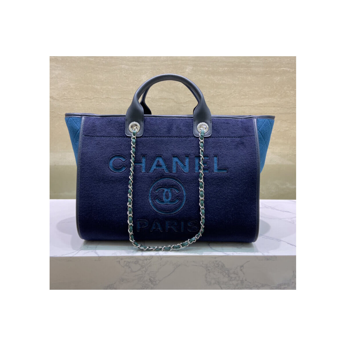 Chanel Wool Felt Deauville Shopping Bag A60598 Blue