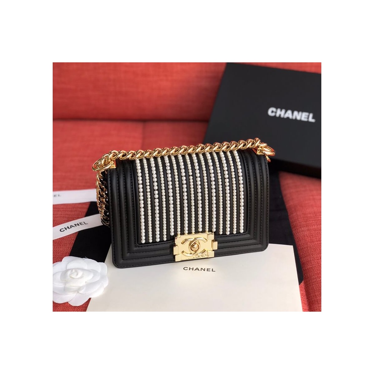 Chanel Imitation Pearls Small Boy Chanel Handbag A67085