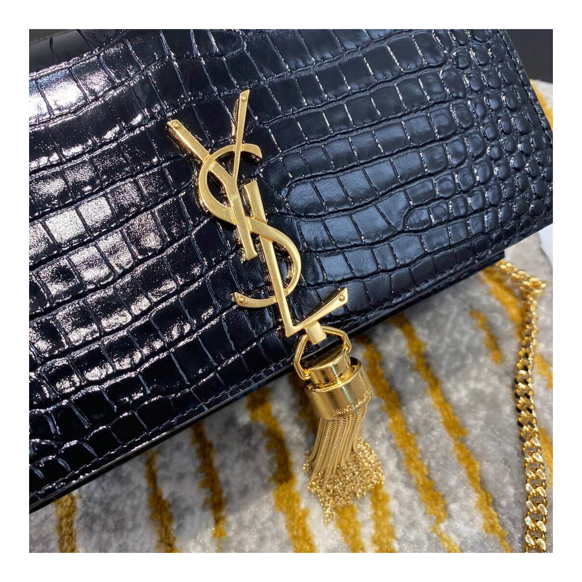 YSL Saint Laurent Kate Chain Wallet With Tassel In Crocodile Embossed Leather 452159