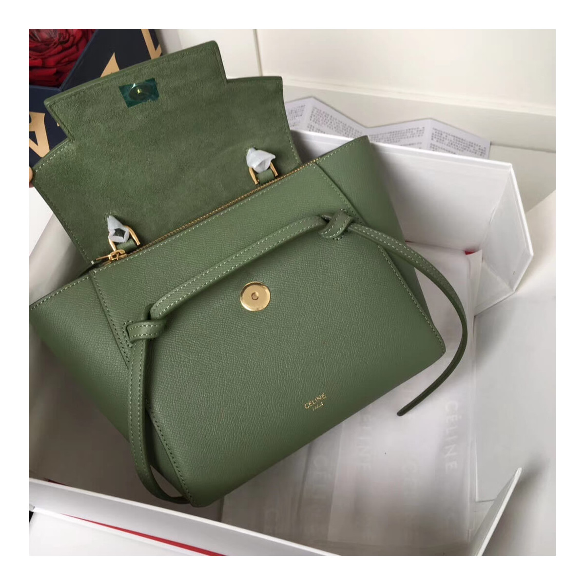 Celine Micro Belt Bag In Grained Calfskin 189153 Green