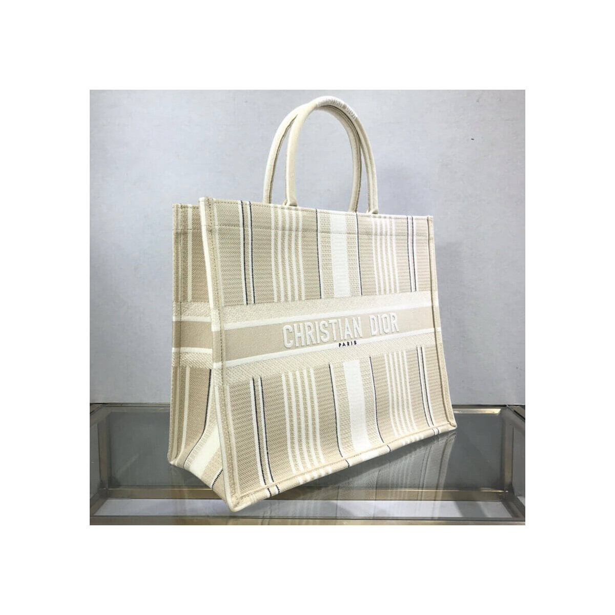 Dior Book Tote Beige Stripes Embroidery M1286