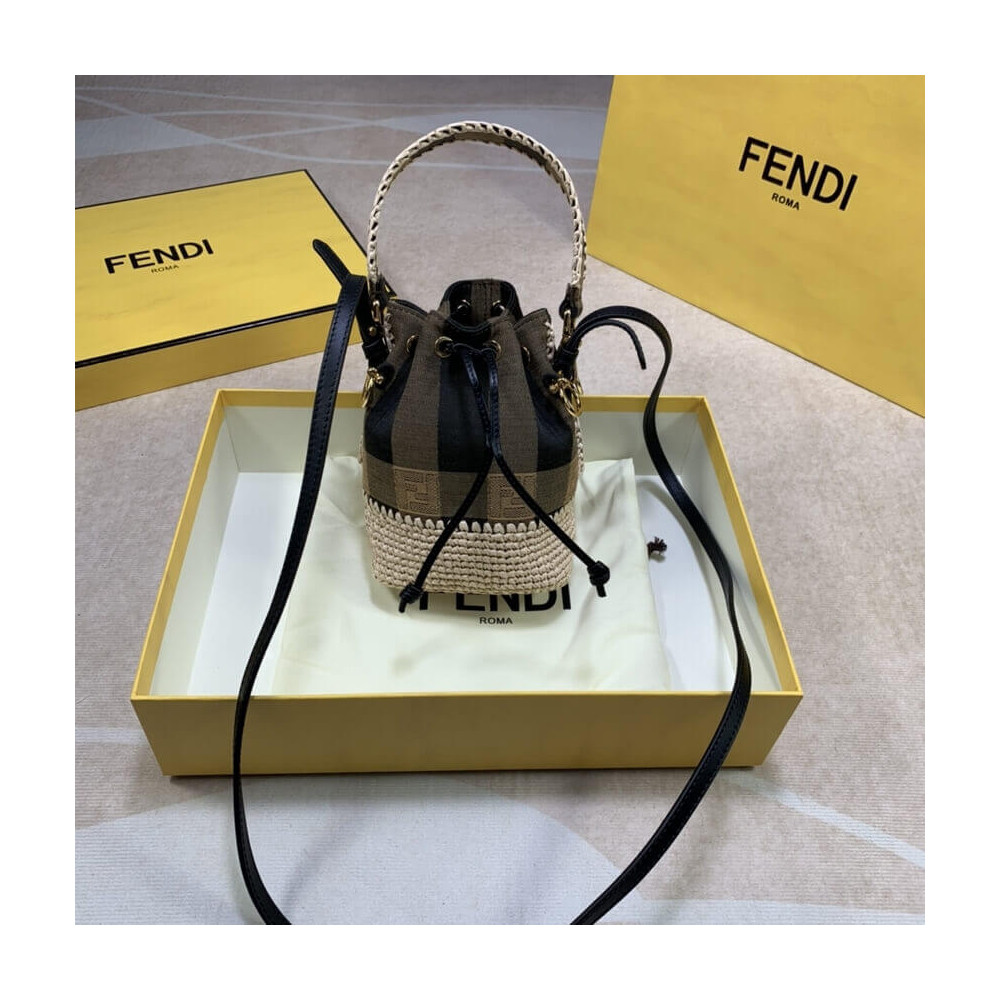 Fendi Brown Mon Tresor Mini Canvas &amp; Raffia Bucket Bag 2028