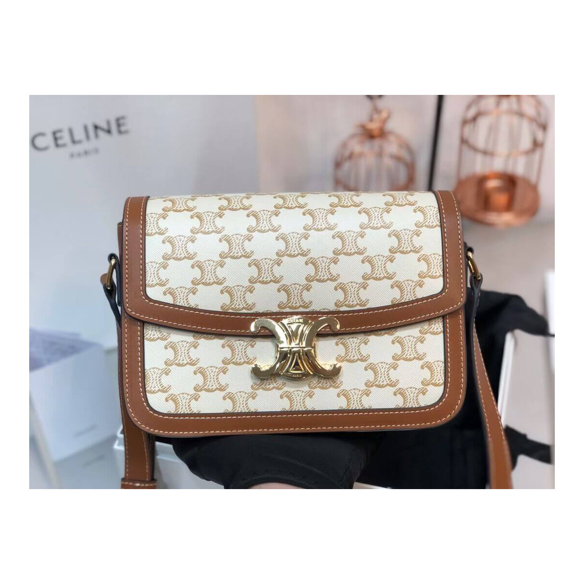 Celine Teen Triomphe Bag in Triomphe Canvas and Calfskin 188882 White