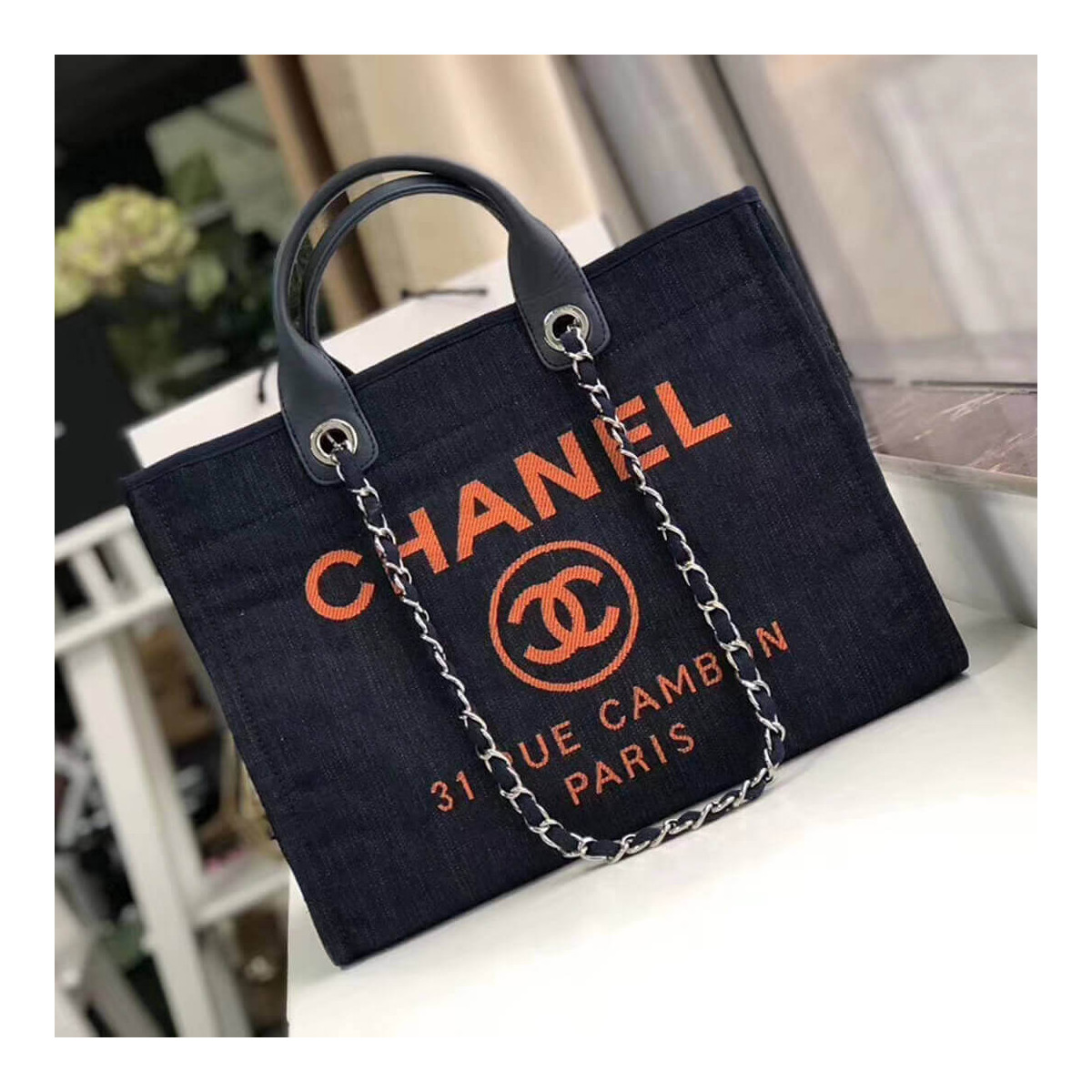 Chanel Deauville Tote 38cm Canvas Bag A66941 Denim Blue/Orange