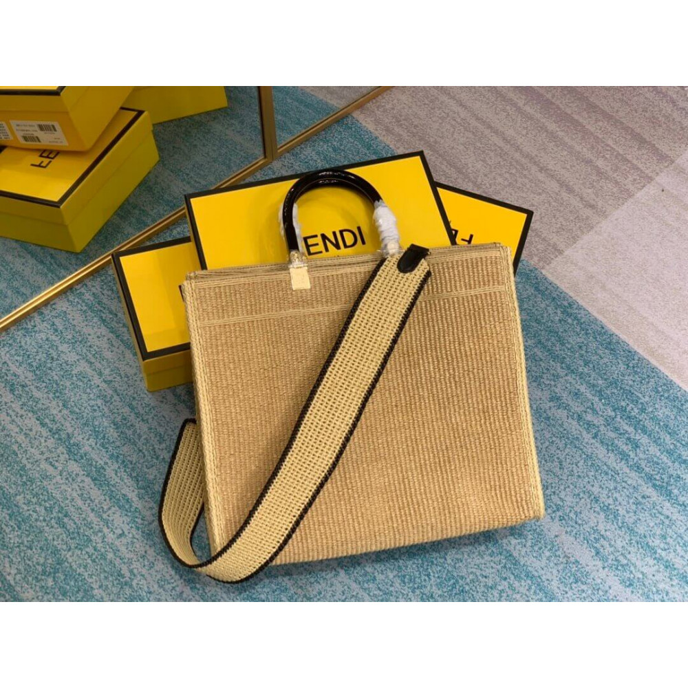 Fendi Sunshine Medium Shopper Woven Raffia Tote 8BH386 Beige