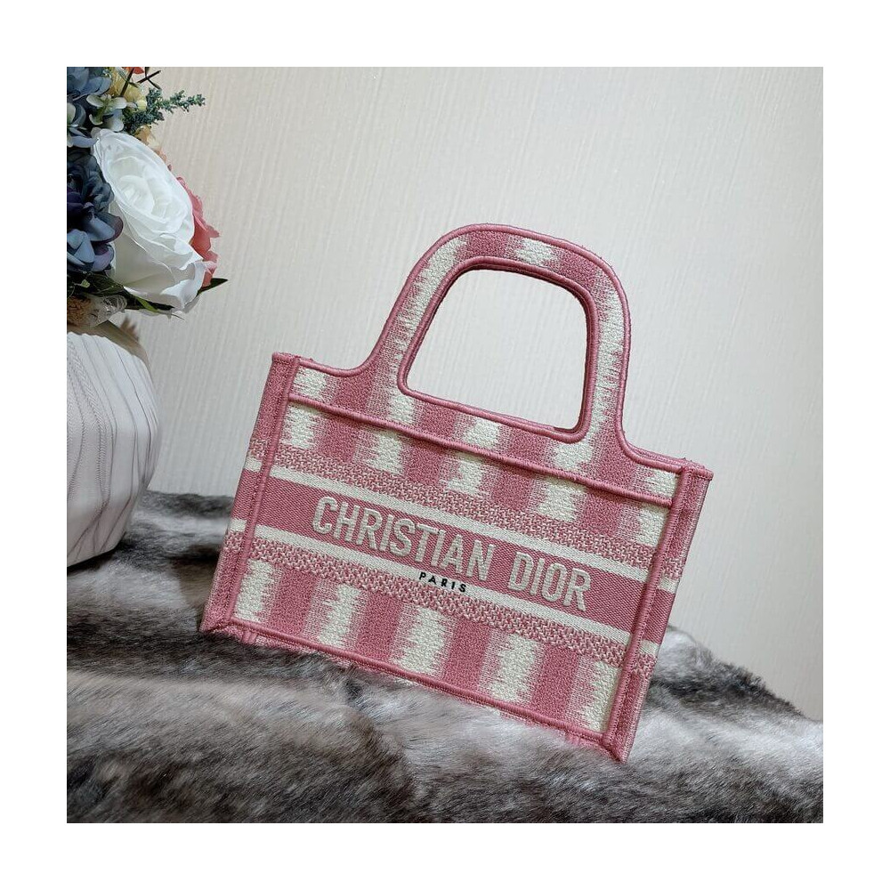 Christian Dior Mini Book Tote Pink D-Stripes Embroidery S5475