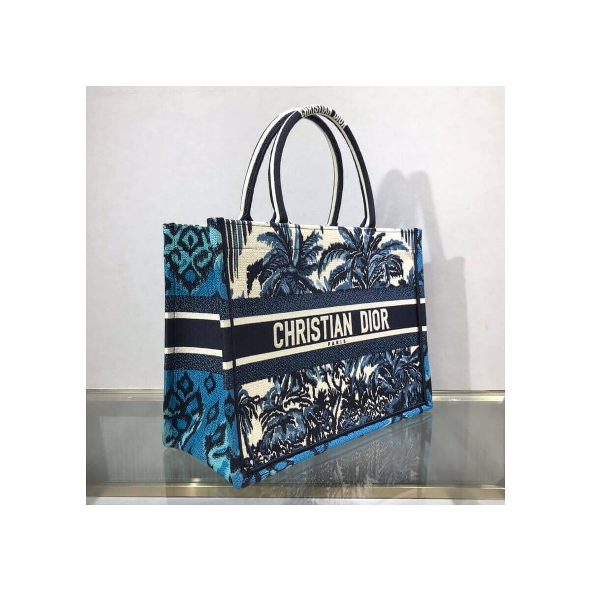 Dior Small Book Tote in Blue Palms Embroidery M1296