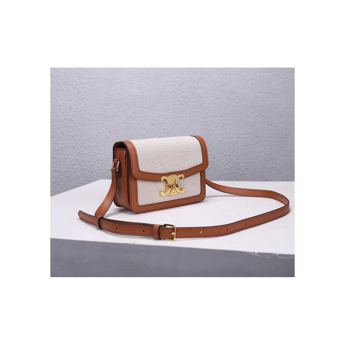 Celine Teen Triomphe Bag in Textile and Natural Calfskin 188882 Tan/White