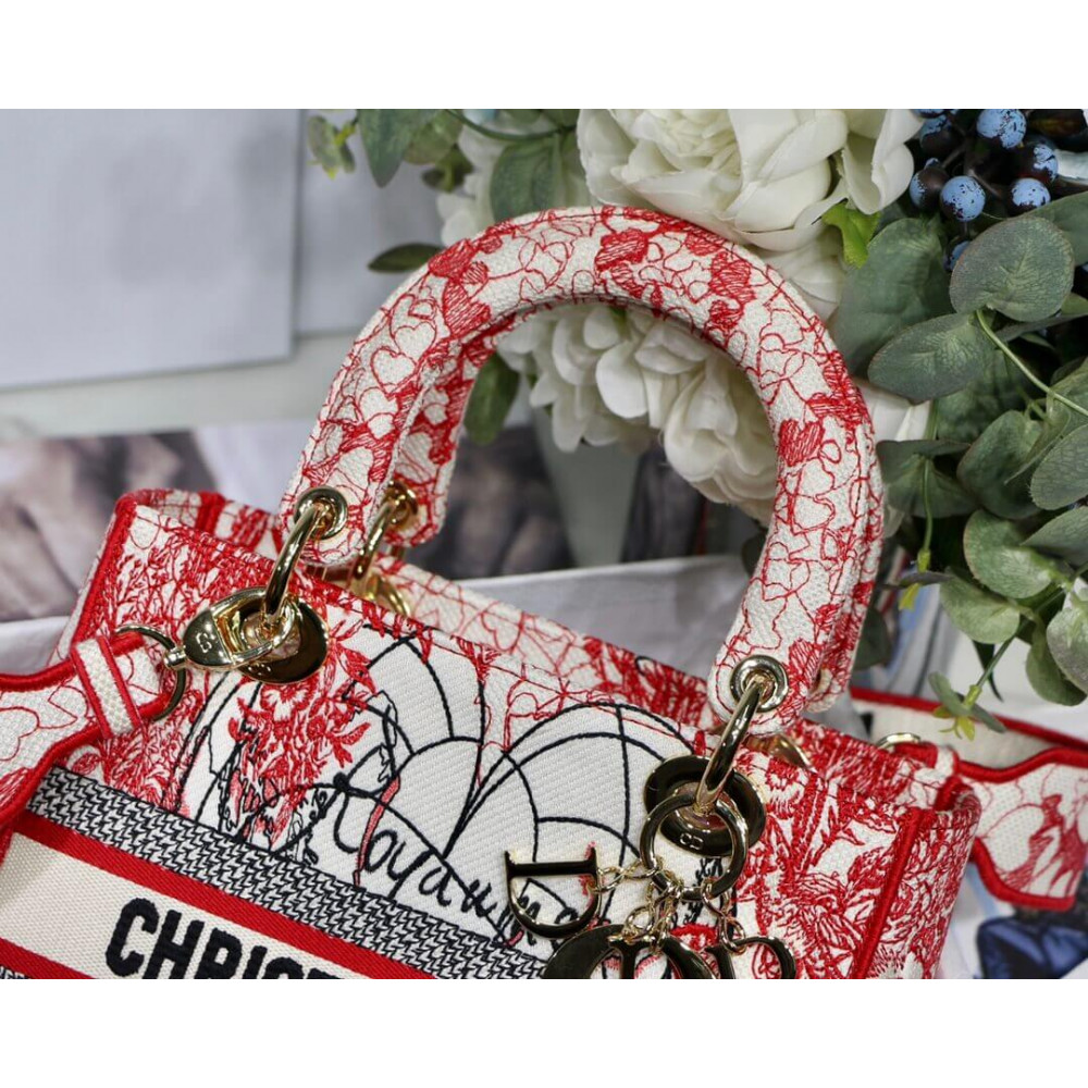 Christian Dior Medium Lady D-Lite Bag Red and White D-Royaume d&#039;Amour Embroidery M0565