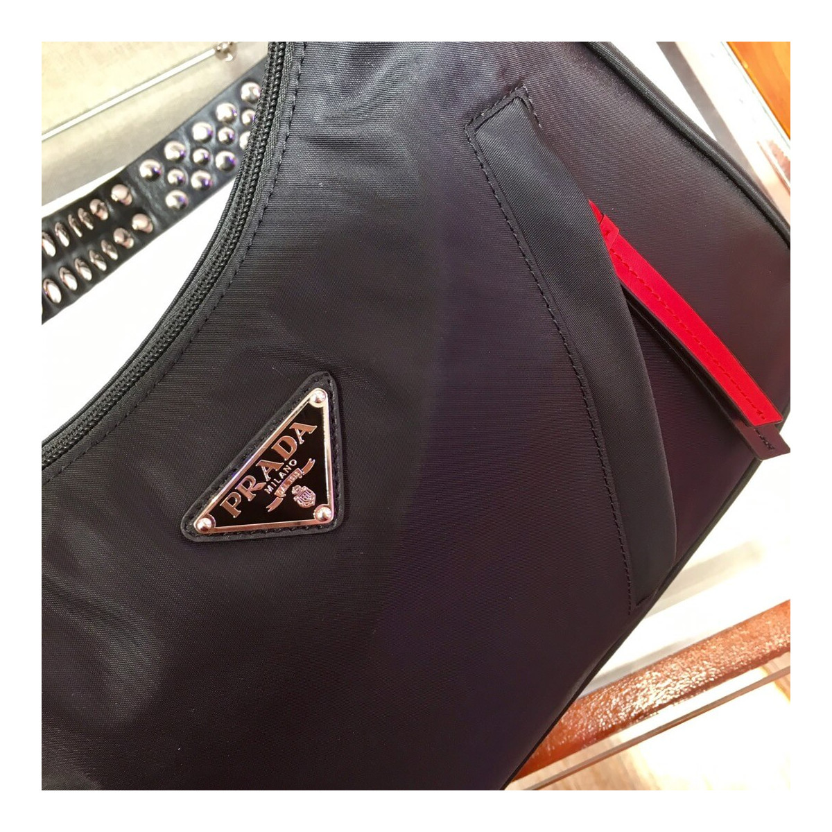 Prada Nylon Hobo Bag With Leather And Studs 1BC087