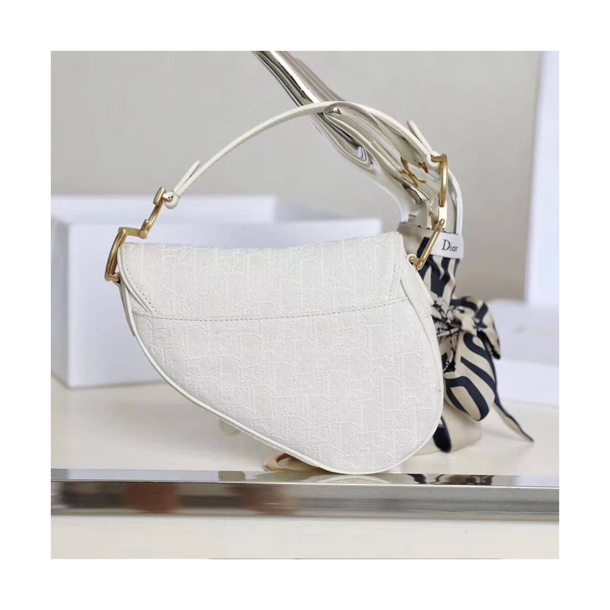 Christian Dior Mini Saddle Bag in White Oblique Jacquard M0447