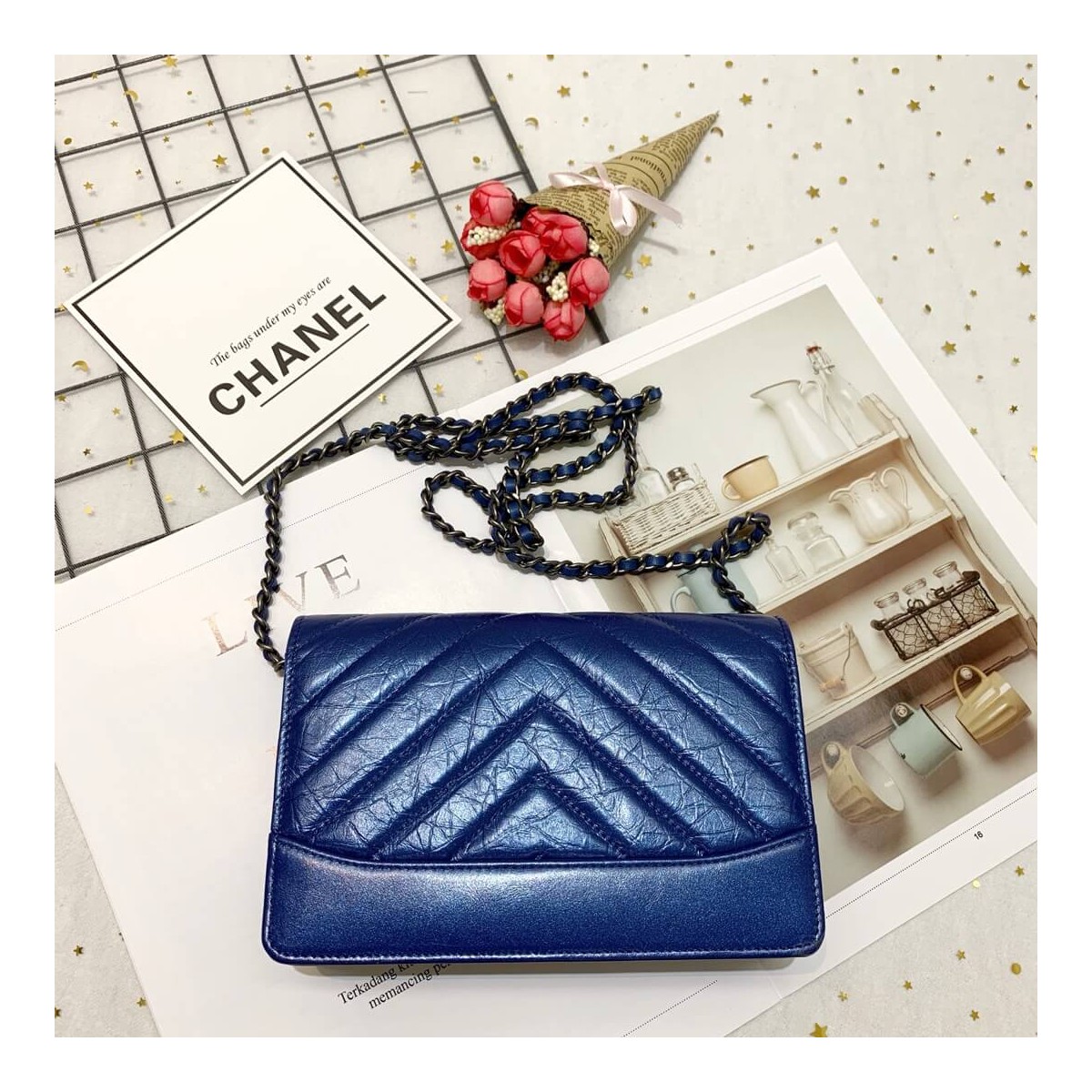 Chanel Chevron Crinkled Calfskin Gabrielle Wallet on Chain WOC Bag A86025