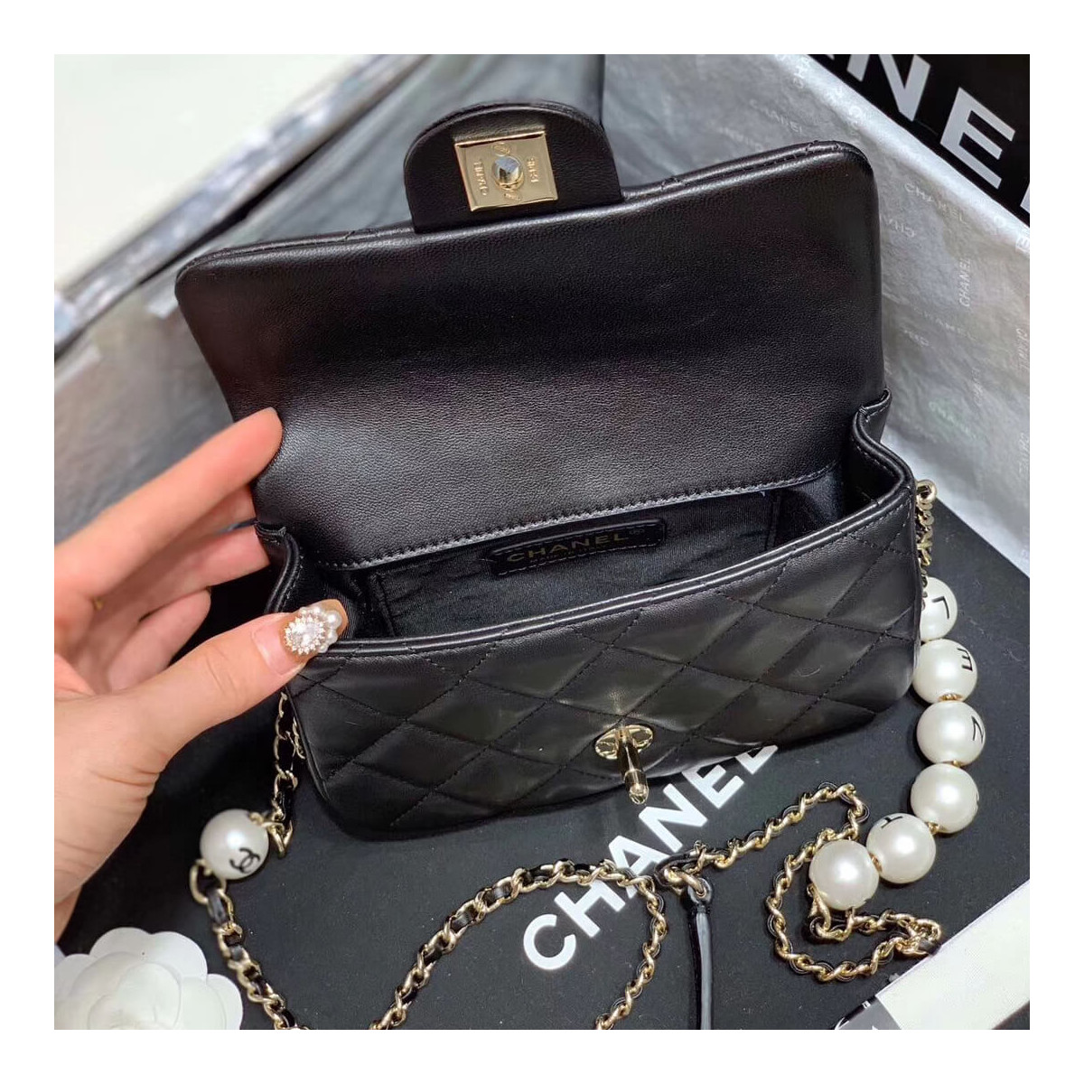 Chanel Small Pearl Logo Strap Flap Bag AS1436 Black