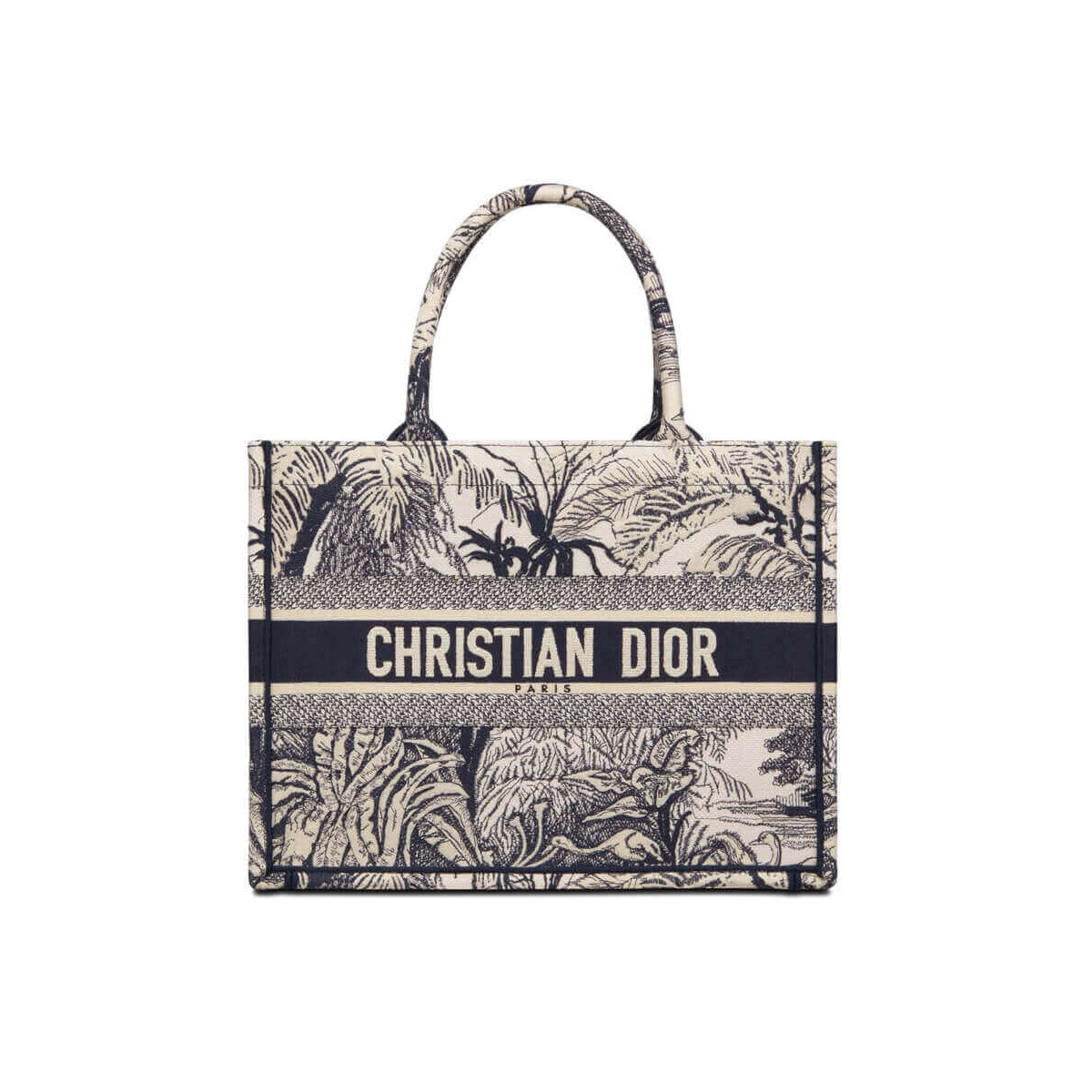 Dior Small Book Tote Blue Toile de Jouy Palms Embroidery M1296