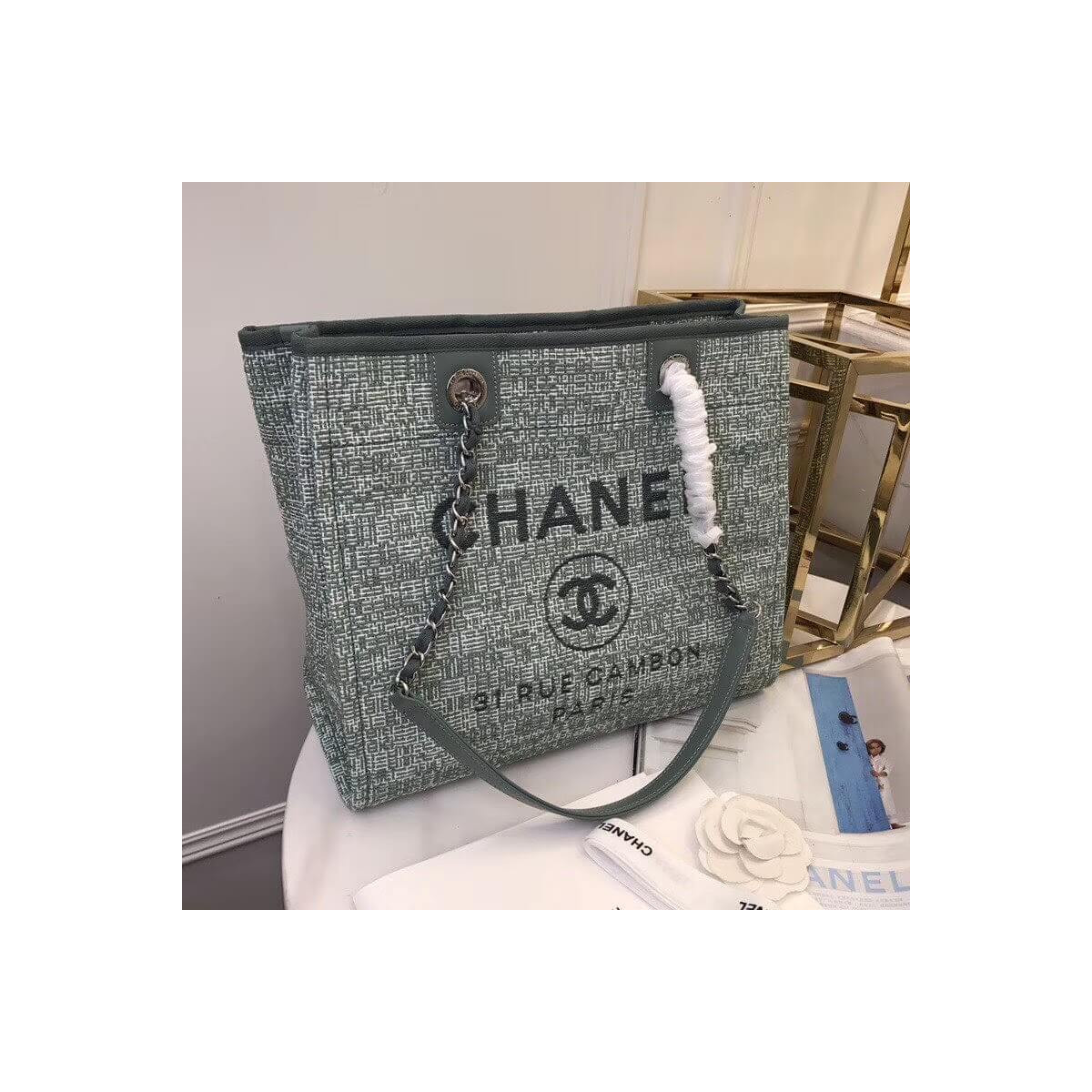 Chanel Deauville Chain Shoulder Tote 33cm Canvas Bag A66939