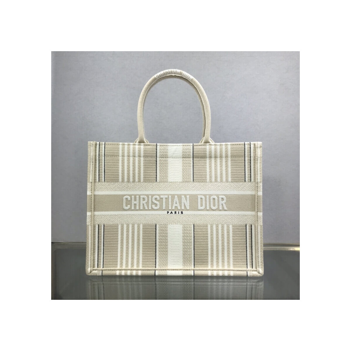 Dior Small Book Tote Beige Stripes Embroidery M1296