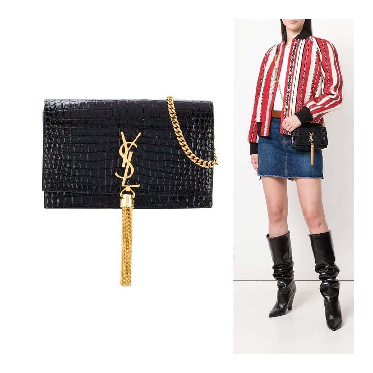 YSL Saint Laurent Kate Chain Wallet With Tassel In Crocodile Embossed Leather 452159