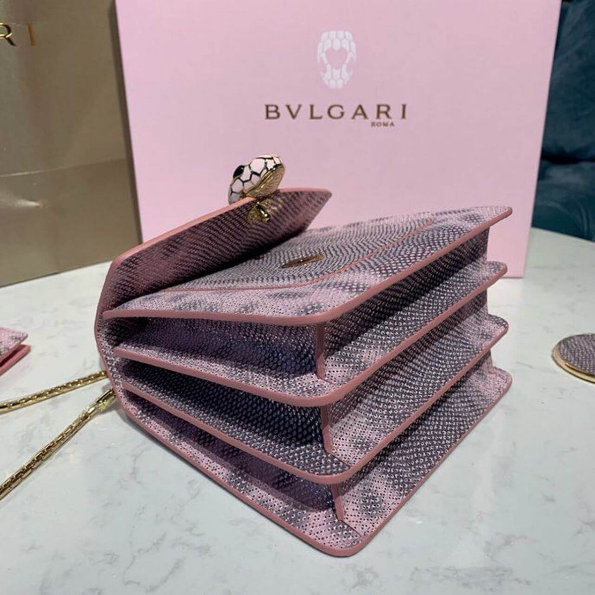 Bvlgari Serpenti Forever Crossbody Top Handle Bag 18cm in Karung Skin 284537 Pink