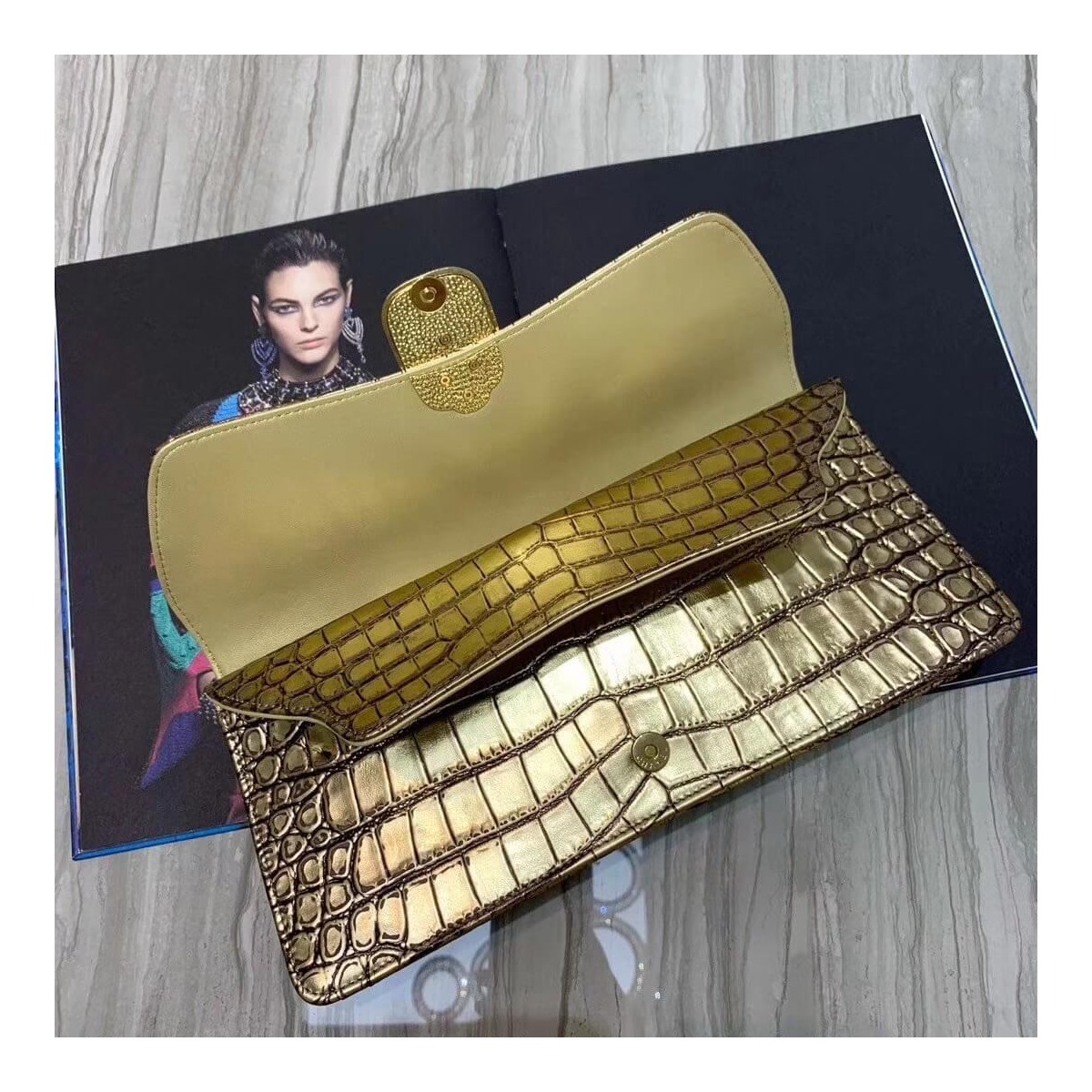 Chanel Metallic Crocodile Embossed Clutch AS0857