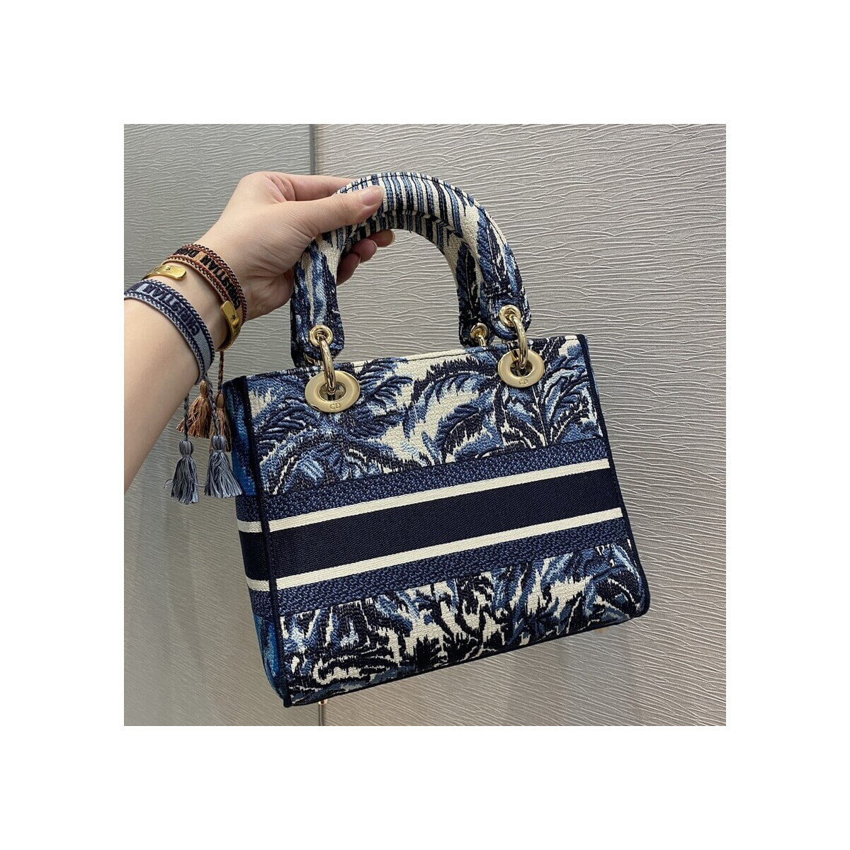 Dior Medium Lady D-Lite Bag Blue Dior Palms Embroidery M0565