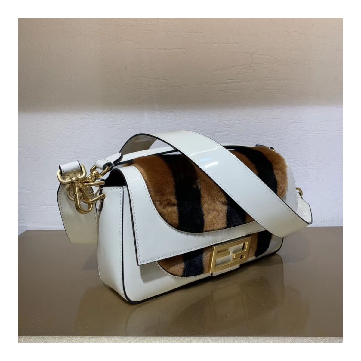 Fendi Patent Leather And Sheepskin Baguette Bag 8BR600