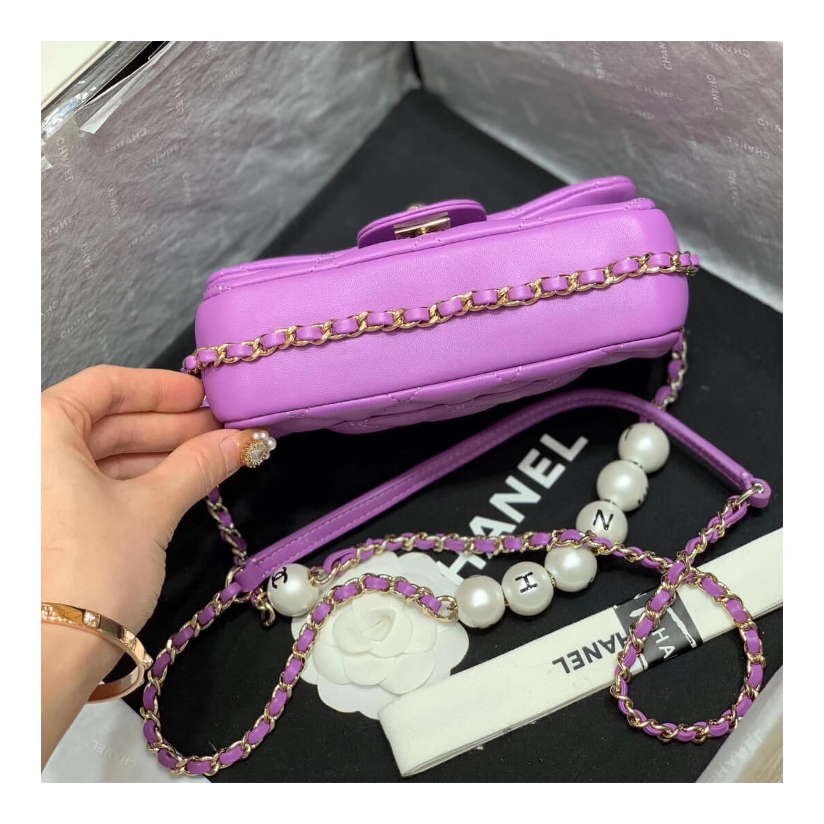 Chanel Small Pearl Logo Strap Flap Bag AS1436 Purple