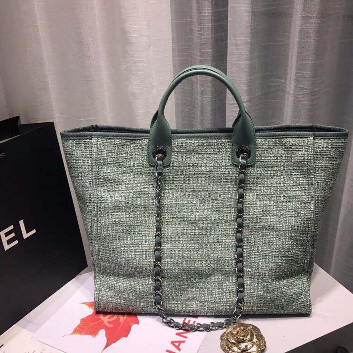 Chanel Deauville Tote 38cm Canvas Bag A66941 Fig Green