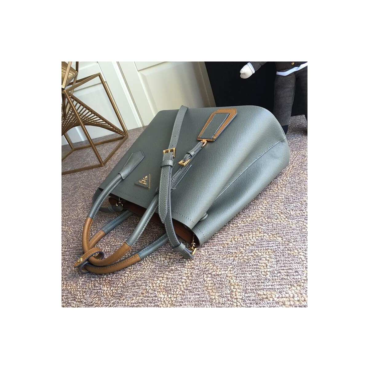 Prada Two-Tone Saffiano Leather Double Bag 1BG775 Grey/Brown